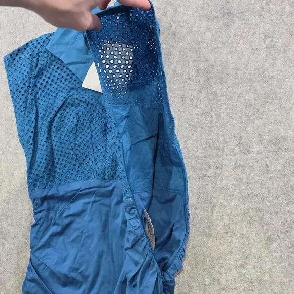 Akris Punto Blouse Womens 12 Blue Eyelet‎ Collared Sleeveless Stretch Sheer NWT